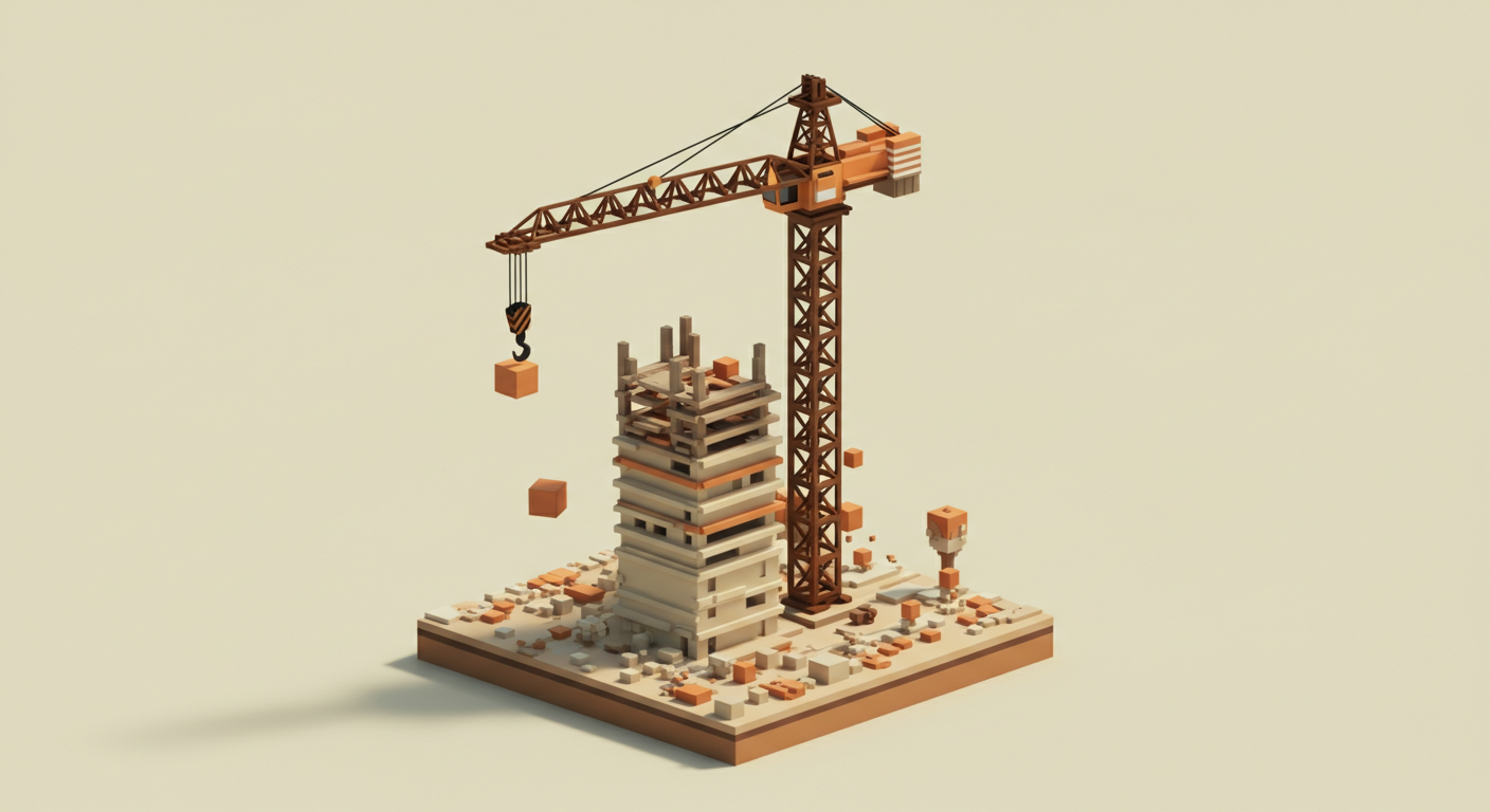 A voxel tower crane hoisting a new amber floor onto a growing building