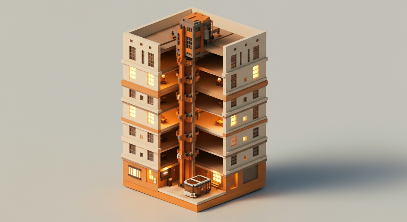 Cutaway voxel tower with a glowing amber elevator shaft rising toward a destination floor