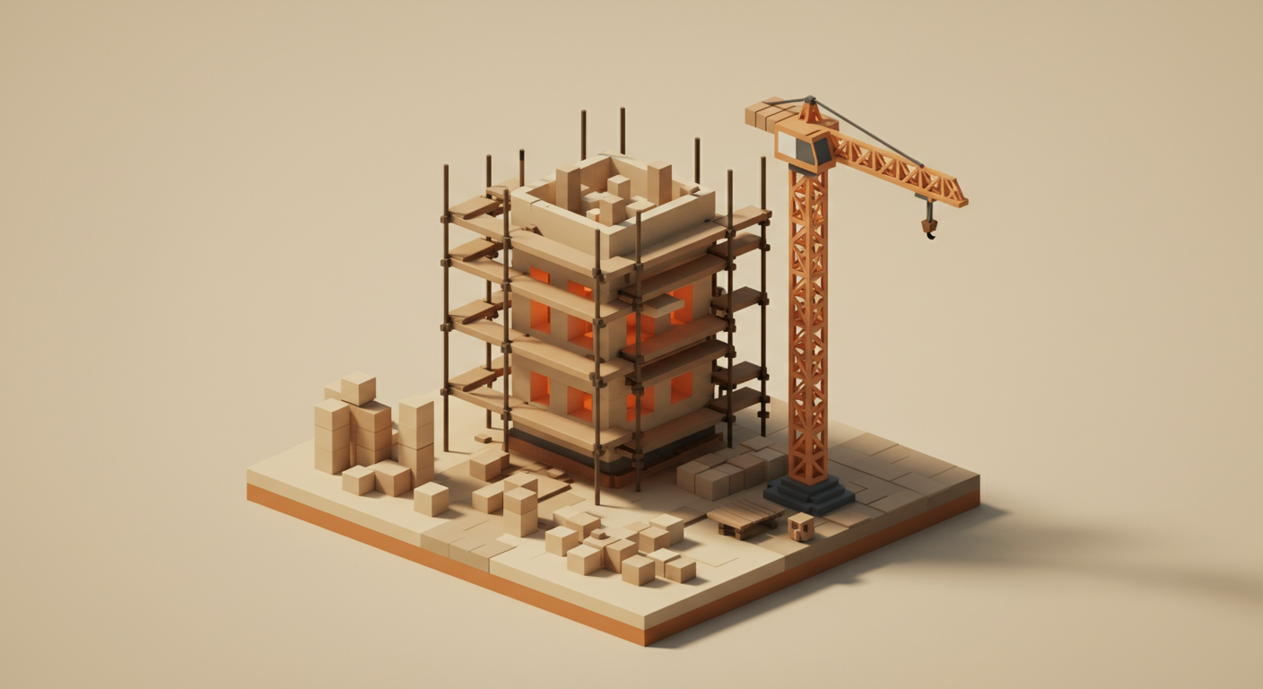 A voxel construction site at dawn with scaffolding around a half-built tower