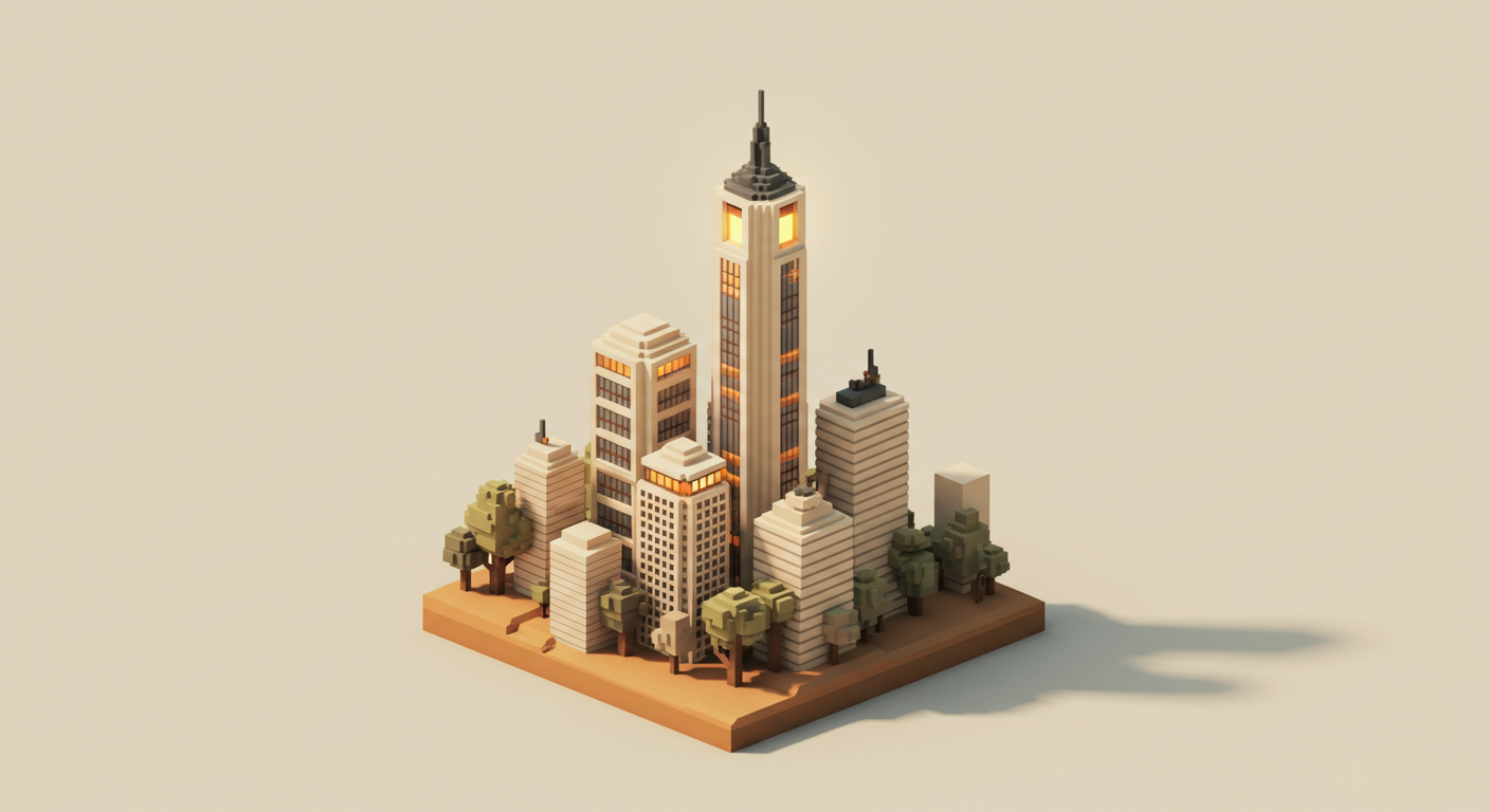 A voxel city skyline with the tallest tower crowned by a glowing amber penthouse